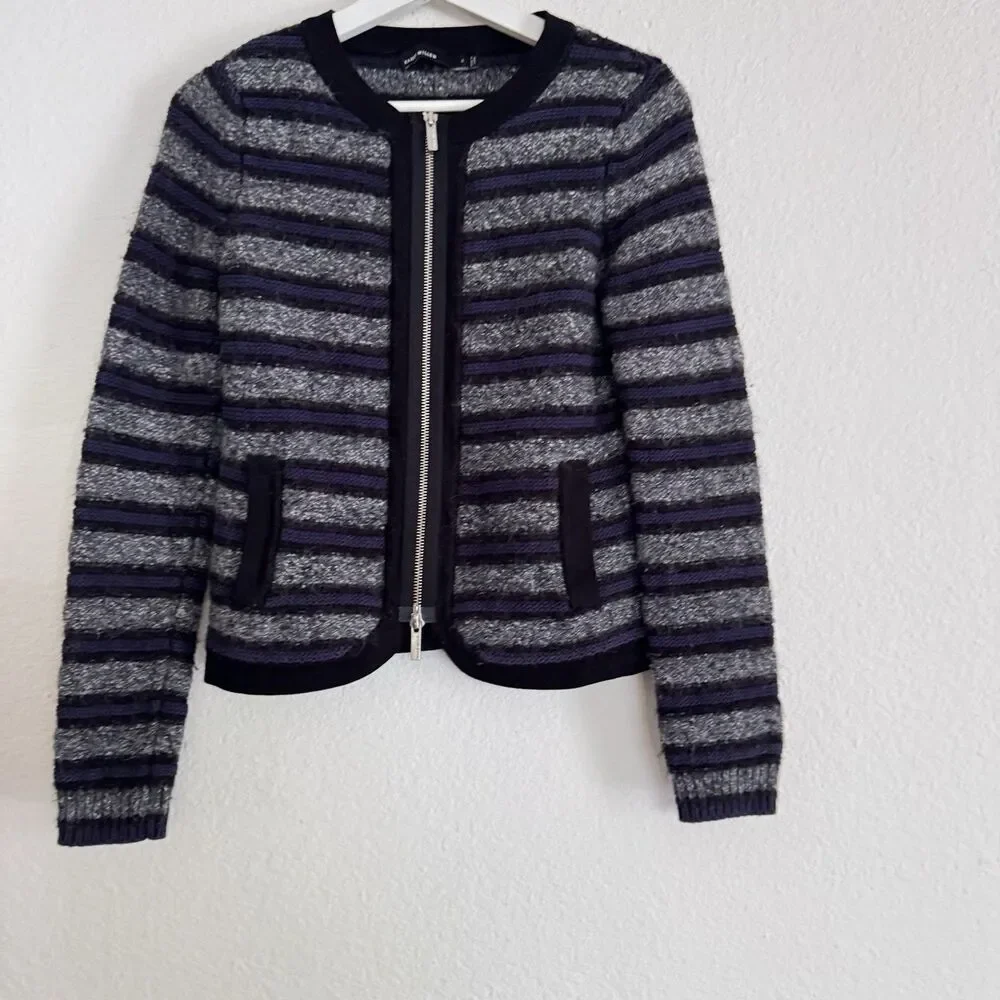 Karen Millen Cardigan Sz 4 Gray Black Blue Striped Cotton Mohair Blend Zip Pocke